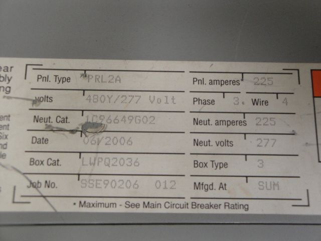 Cutler Hammer 225 amp Panelboard 277/480Y PRL2A 3R 3p4w  