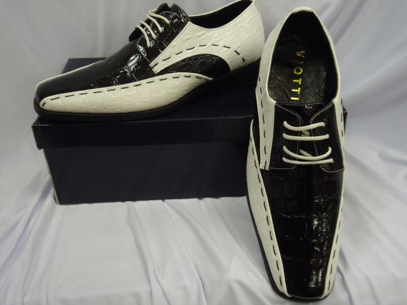 New Mens Black & White Stitch Croc Look Dress Shoes  