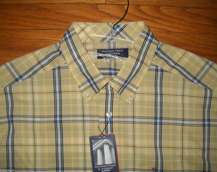 Roundtree &Yorke Mens SS Yellow Plaid Shirt XLT, 2X, 2XLT, 3X, 3XLT 