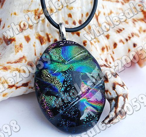 NEW Oval Dichroic Foil Lampwork Glass Pendant Necklace  