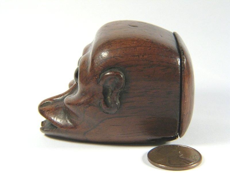 ANTIQUE HARDWOOD HINGED SNUFFBOX MONKEYS HEAD c1820  