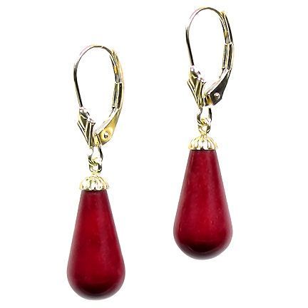 16mm Red Coral Teardrop Leverback Earrings, 14K Gold  