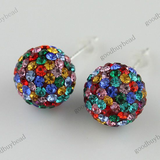   MULTICOLOR CZECH CRYSTAL DISCO BALL 925 SILVER STUD EARRINGS 10MM