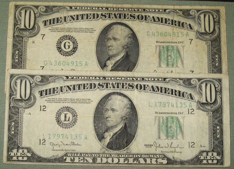 1950 $10 FEDERAL RESERVE NOTES CHI SAN FRAN J10  