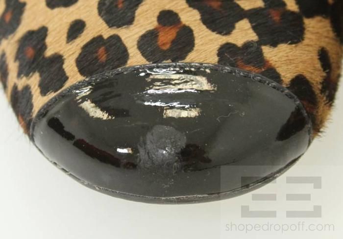 Arturo Chiang Brown Leopard Ponyhair & Black Patent Trim Flats Size 