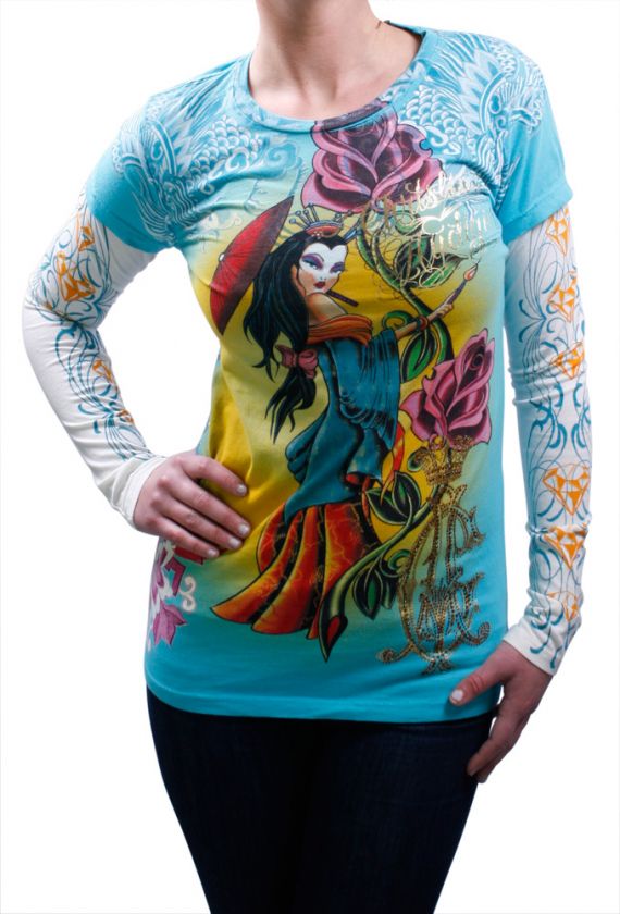 CHRISTIAN AUDIGIER Ed Hardy Geisha Double Long Sleeve Tattoo Womens 