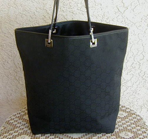 Large Vtg. Black GG Logo Jacquard & Leather GUCCI Tote Bag~Purse 