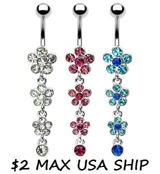 PC 3 FLOWER PETAL GEMMED BELLY RING DANGLE NAVEL A06  