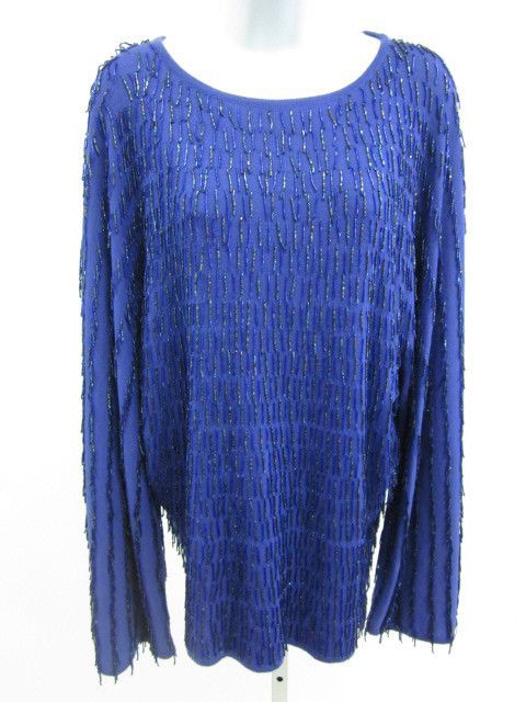 REBECCA MOSES Blue Wool Beaded Fringe Sweater Sz M  