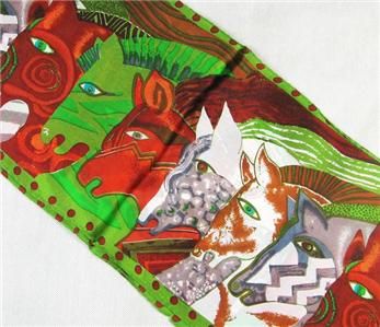 Oblong Silk Chiffon Scarf Painting Green Gallop Horses  