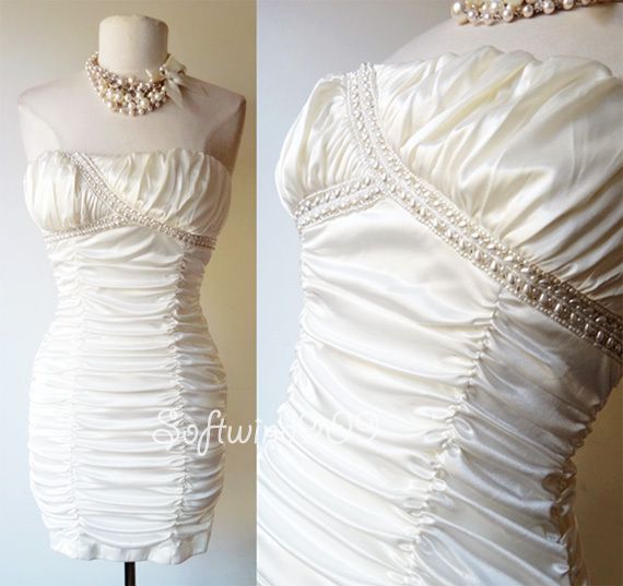   Triangles White Fuax Pearl Embellished Ruched Strapless Party Dress