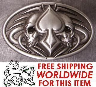 Pewter Belt Buckle gamble Ace of Spades & 2 Skulls NEW  