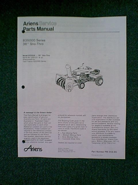 ARIENS TRACTOR 36 SNOWBLOWER ATTACHMENT PARTS MANUAL  