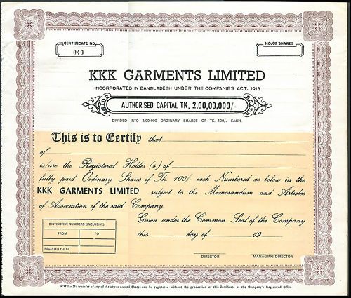 Bangladesh KKK Garments share certificate  