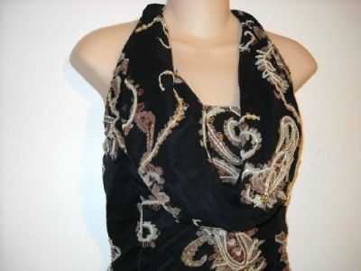 ANDRETTA DONATELLO Black, Tan Beaded Cowl Halter Top L  