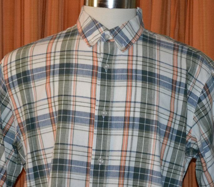 Bob Timberlake WHITE GRAY ORANGE LINEN COTTON PLAID BUTTON DOWN SHIRT 