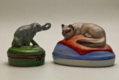   Limoges French Cat & Elephant Porcelain Tiny Trinket Snuff Boxes