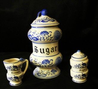 pc set Cobalt BLUE ONION Canister & Creamer & Sugar   has chips 