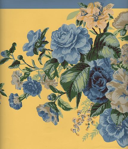 WALLPAPER BORDER LARGE BLUE ROSES  