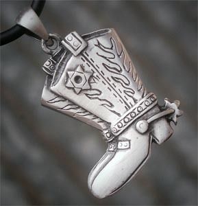 Cowboy boots rodeo pewter pendant W black PVC necklace  