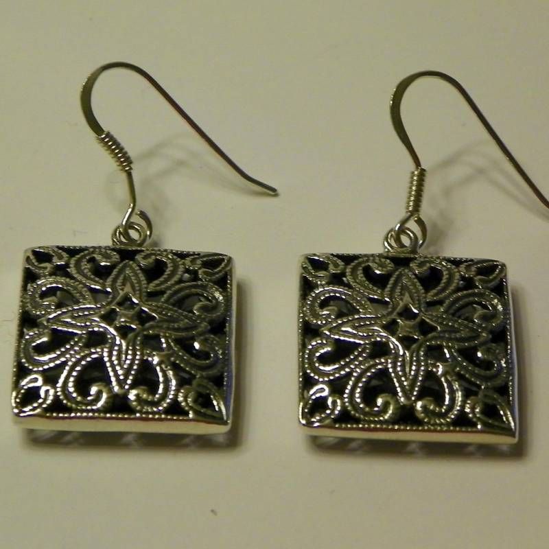 STERLING SILVER SQUARE DESIGNER DANGLE EARRINGS     