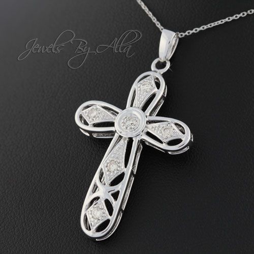 14K White Gold Round Cut Diamond Cross Pendant Necklace 0.50ct  