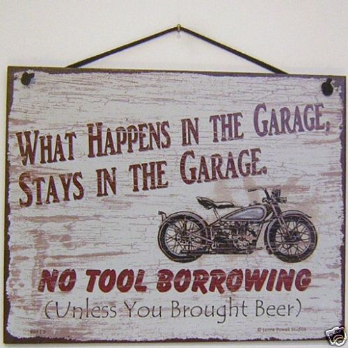 SIGN WHAT HAPPENS GARAGE tools beer motorcycle 894Lb  