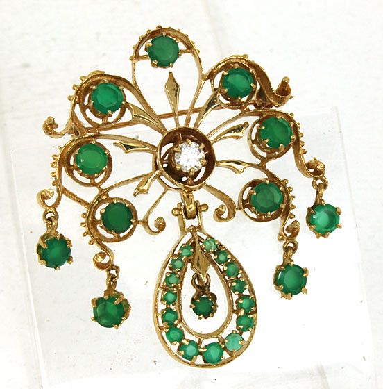 VINTAGE 14K GOLD GREEN ONYX DIAMOND VINTAGE PIN BROOCH  