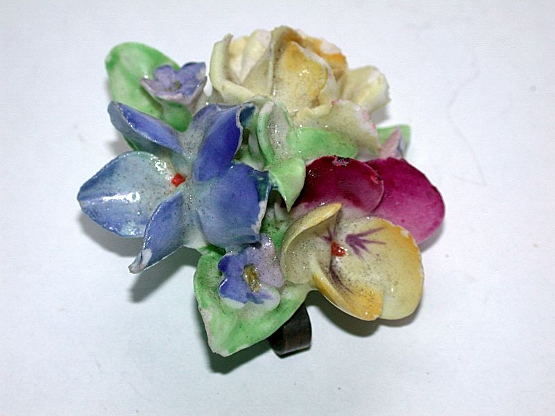 Antique C Closure Porcelain Flower Pin Brooch  