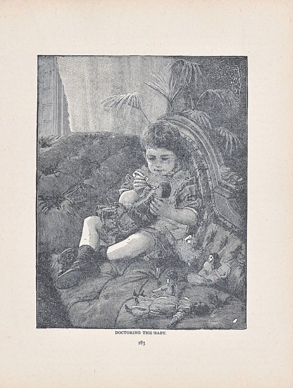 GIRL GIVING MEDICINE TO DOLL ANTIQUE DOLL PRINT 1891  