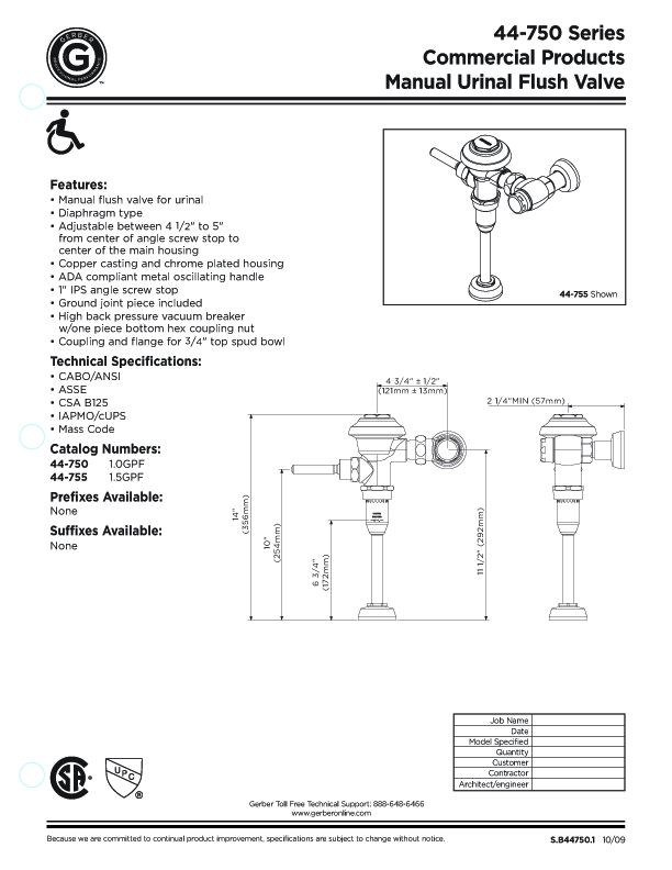 Gerber 44 750 Urinal Manual Flush Valve New in Box  