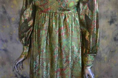 vtg 60s 70s ETHNIC metallic EMERALD GREEN maxidress S  