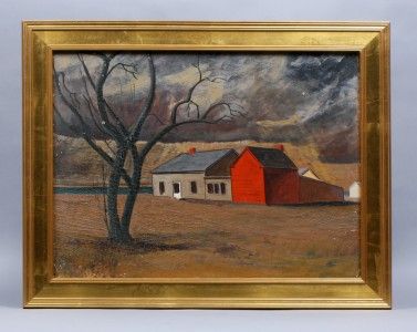 ANTIQUE AMERICAN WPA REGIONAL BARN FARM MODERNIST SURREAL LANDSCAPE 