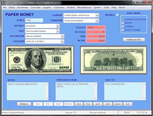 CoinsPlus 2011 #1 Paper Money Inventory Software  