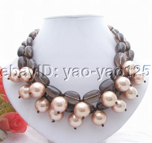 2Strds Smoky Quartz&16mm Shell Pearl Necklace  