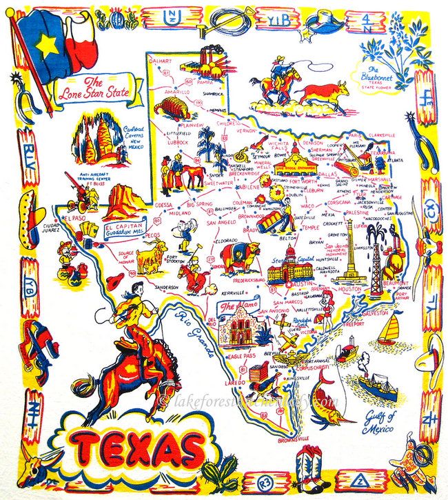 1950s Vintage Style State Map of Texas Flour Sack Towel FREE STOREWIDE 