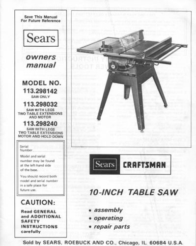  Craftsman Table Saw Owners Manual Many Models Av.  