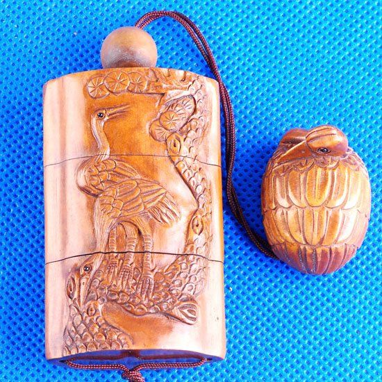 Japanese Carved Wood Boxwood Inro Crane Netsuke Carving  