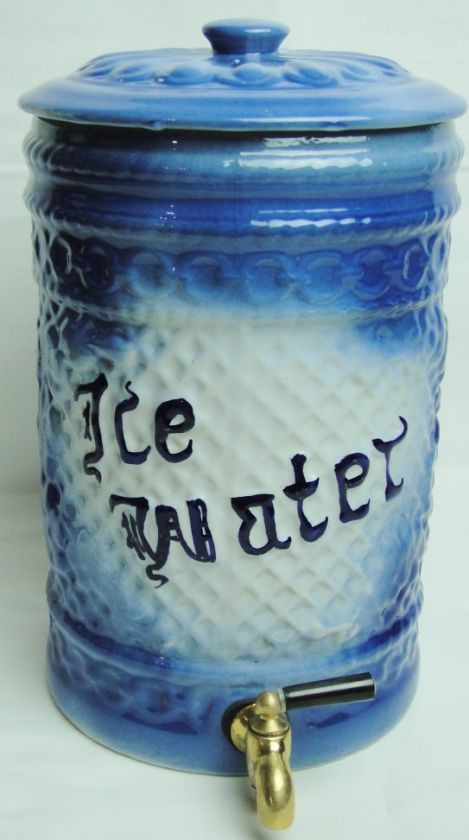 Flow Blue Ironstone Ice Water Dispenser Jar with Brass  