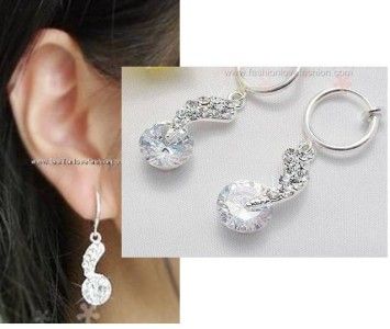 CLIP ON SILVERTONE CZ,DIAMANTE LOOP DANGLE EARRINGS  