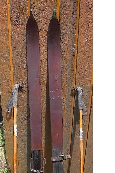 VINTAGE Wooden 58 Skis w/ POINTS + Bamboo Ski Poles  